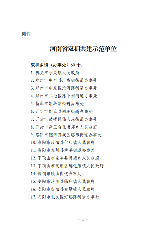河南省双拥共建示范单位评选拟表彰公示